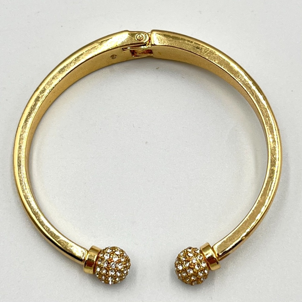 Vintage Gold Tone Hinged Bypass Bangle Pave Rhinestone Disco Ball Ends Glam